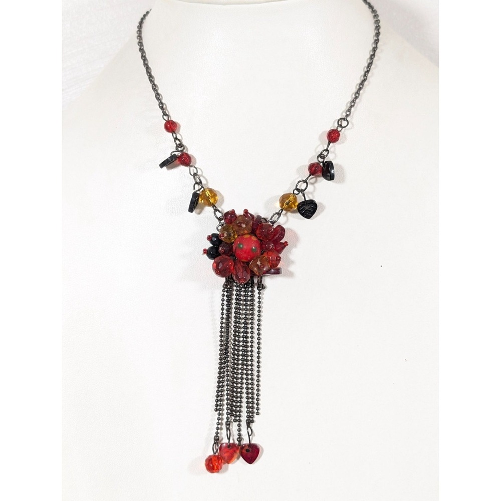 Gothic Black Heart Y-Drop Necklace Red Glass Bead‎ Fringe Whimsigoth 19"